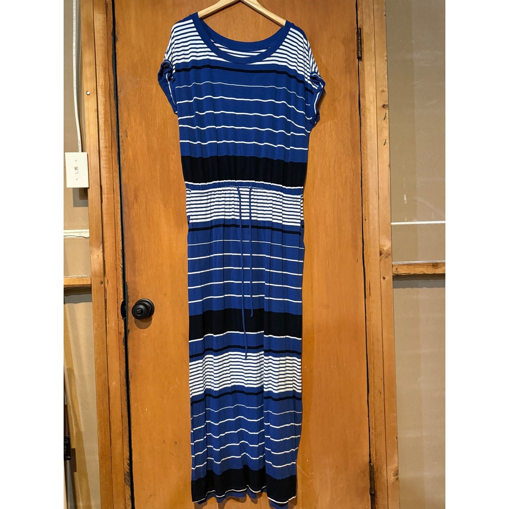 Ava & Viv Womens 1X Blue White Striped Short Sleeve Maxi Dress Plus Size Jersey